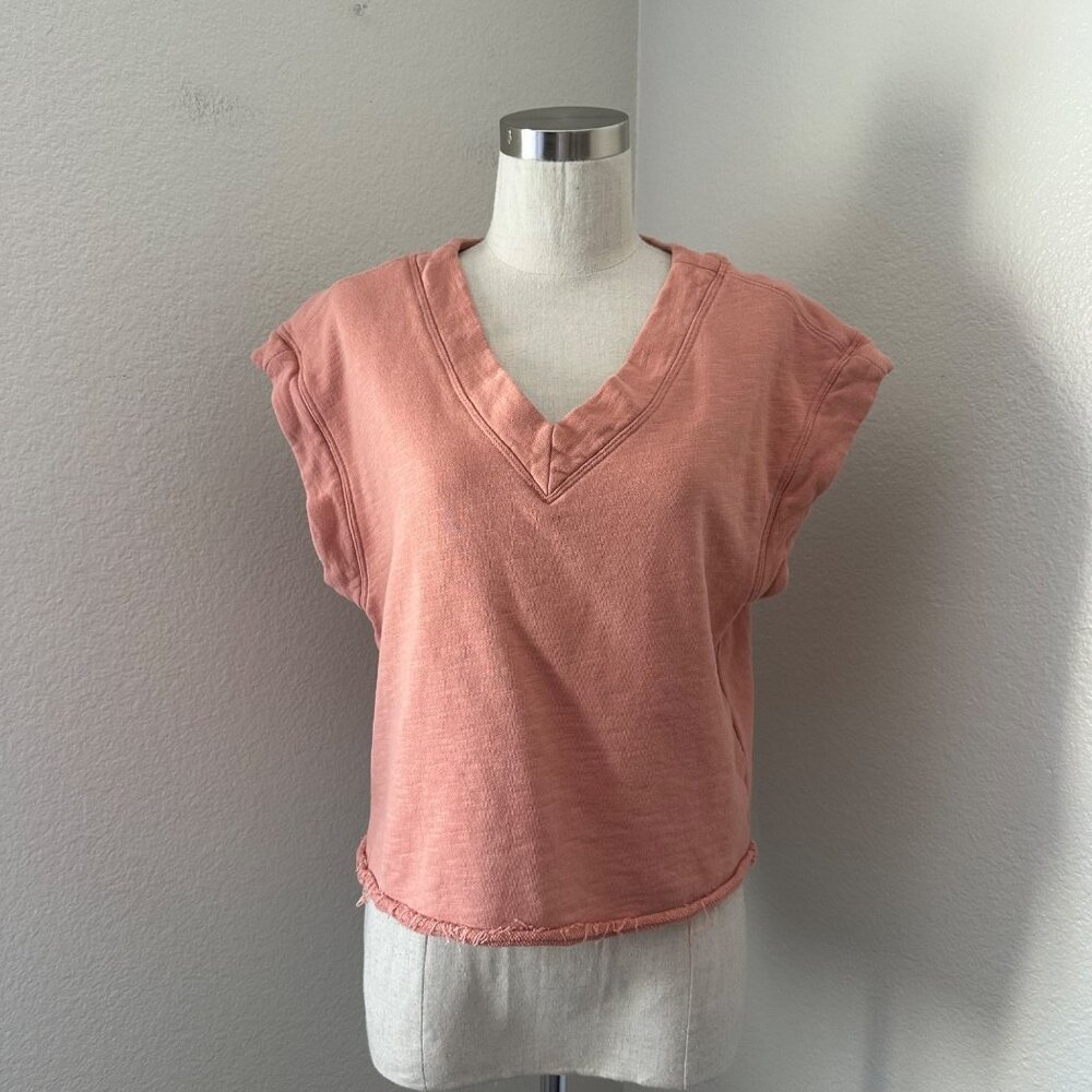 Anthropologie Maeve V Neck Blouse Short Sleeve Raw Hemline Cotton Sz S